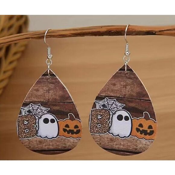 NWT Leather Halloween Pumpkin Ghost Spiderweb Teardrop Dangle Earrings - Picture 1 of 4